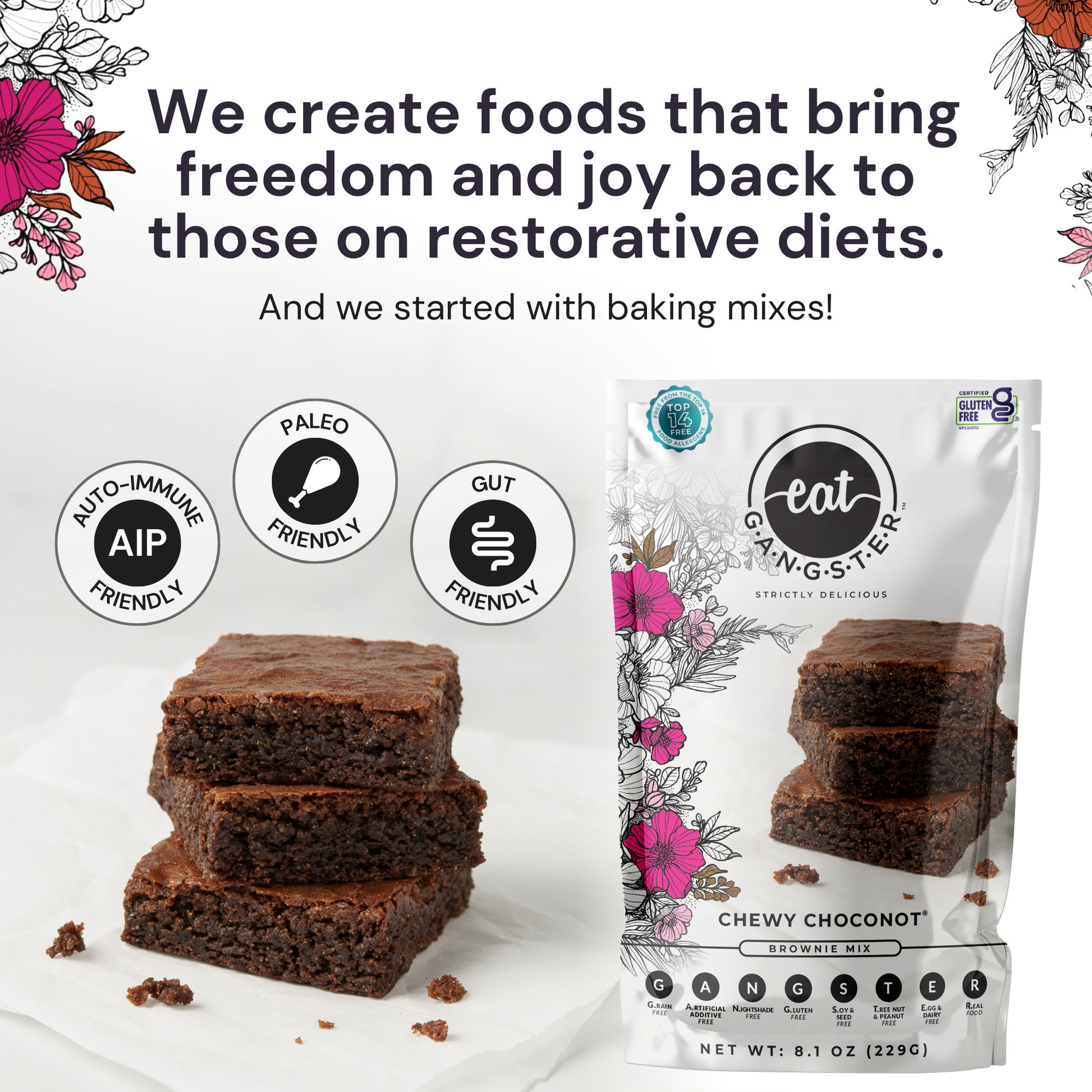 Eat G.A.N.G.S.T.E.R. Chewy Choconot Brownie Mix package with three chocolate brownie bars, showcasing rich, fudgy brownies.