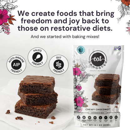 Eat G.A.N.G.S.T.E.R. Chewy Choconot Brownie Mix package with three chocolate brownie bars, showcasing rich, fudgy brownies.