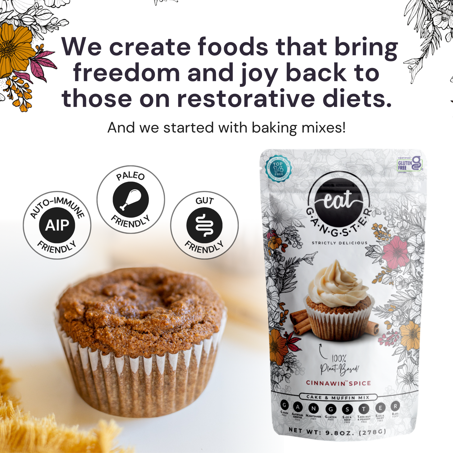 Eat G.A.N.G.S.T.E.R. Cinnawin™ Spice Cake & Muffin Mix box with colorful packaging and product branding.