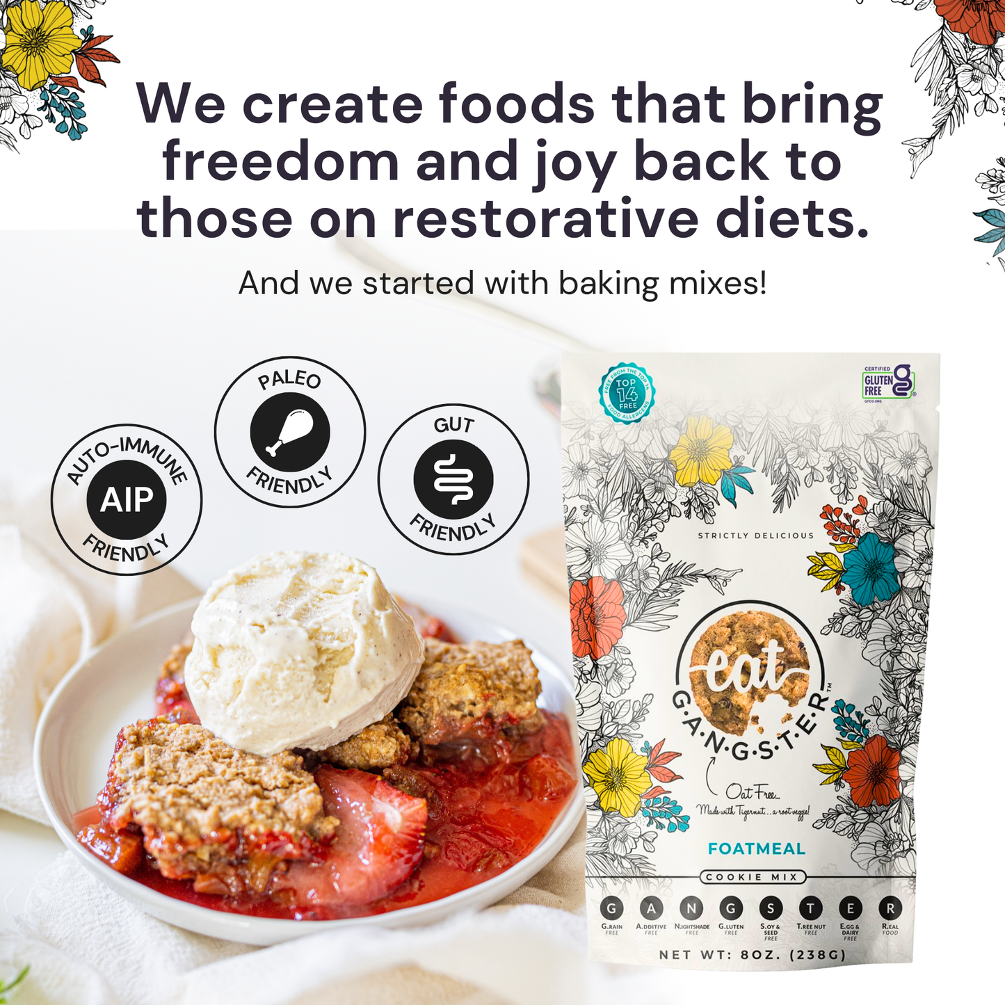 Eat G.A.N.G.S.T.E.R. oatmeal cookie mix in a bowl with cookies and ingredients, showcasing the product's appearance and packaging.