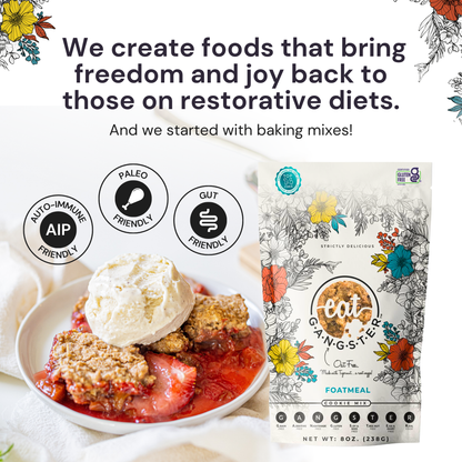 Eat G.A.N.G.S.T.E.R. oatmeal cookie mix in a bowl with cookies and ingredients, showcasing the product's appearance and packaging.