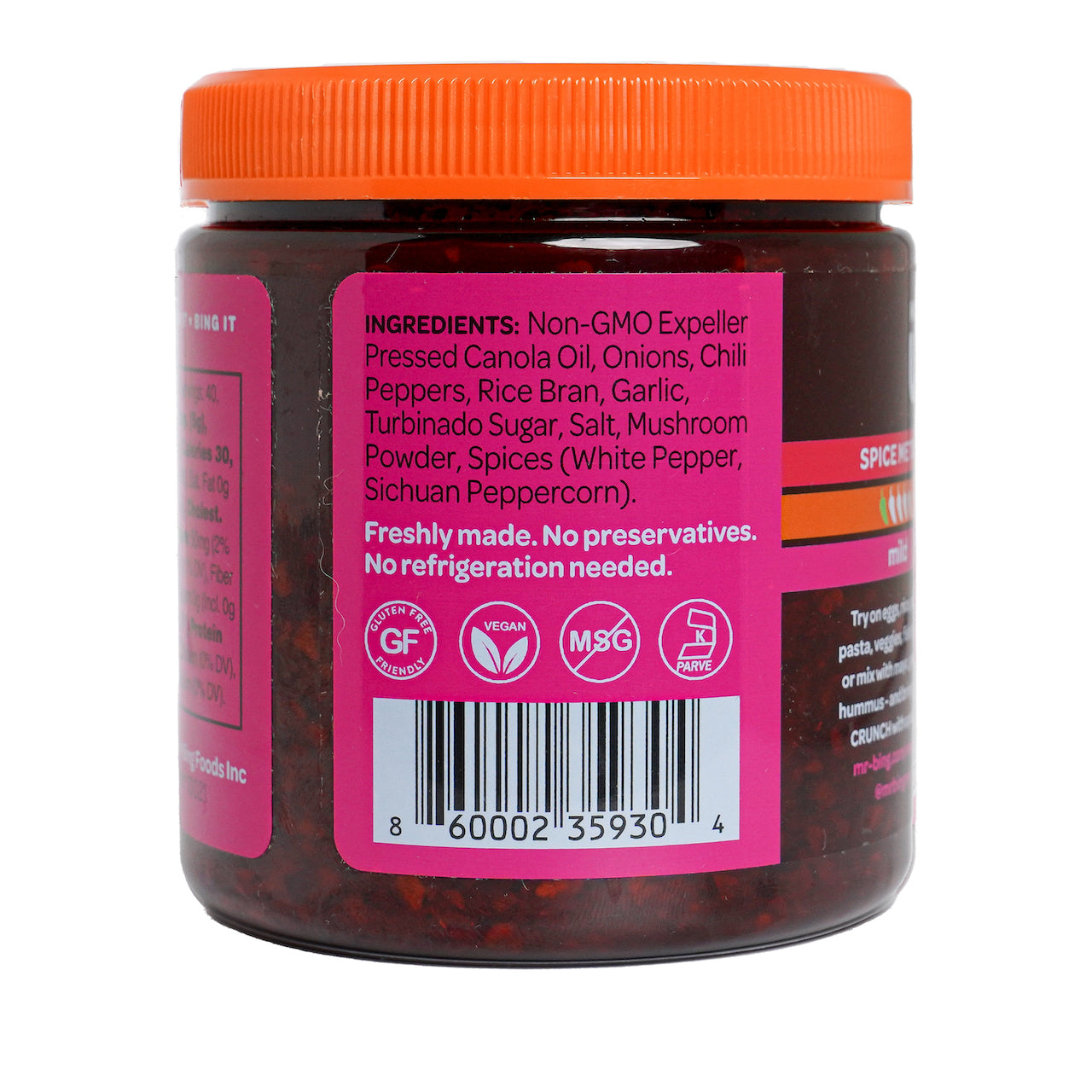 Mr Bing Chili Crisp jar from Mr Bing Foods, 7 oz mild spicy condiment with chili flakes and oil in a glass jar.