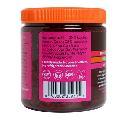 Mr Bing Chili Crisp jar from Mr Bing Foods, 7 oz mild spicy condiment with chili flakes and oil in a glass jar.