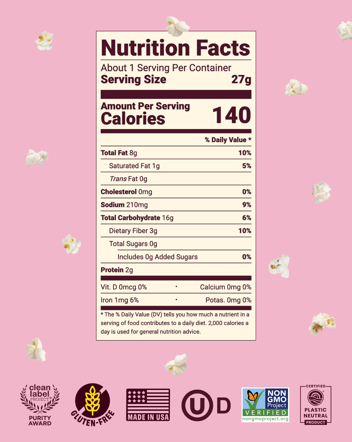 Popped sorghum snack with pink salt and olive oil by Cob Foods, showing crunchy popped grains seasoned with pink salt.