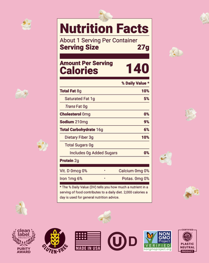 Popped sorghum snack with pink salt and olive oil by Cob Foods, showing crunchy popped grains seasoned with pink salt.