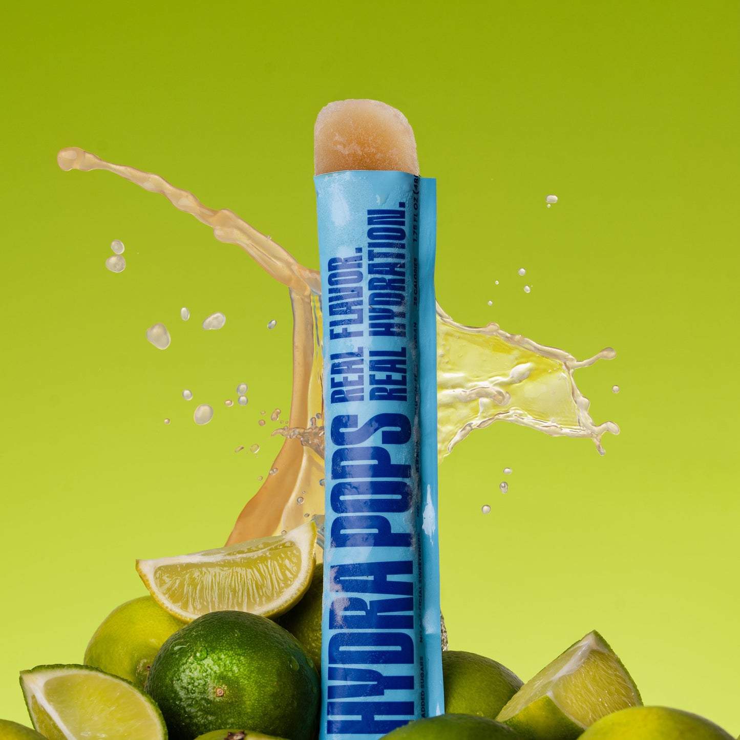 Hydra Hydration Hydra Pops Lime flavor, frozen lime-flavored ice pops in clear packaging, ready for cooling refreshment.