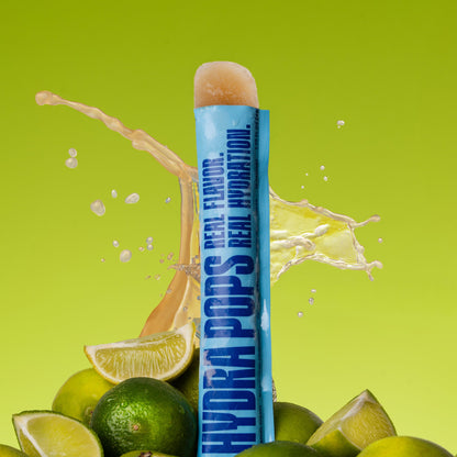 Hydra Hydration Hydra Pops Lime flavor, frozen lime-flavored ice pops in clear packaging, ready for cooling refreshment.