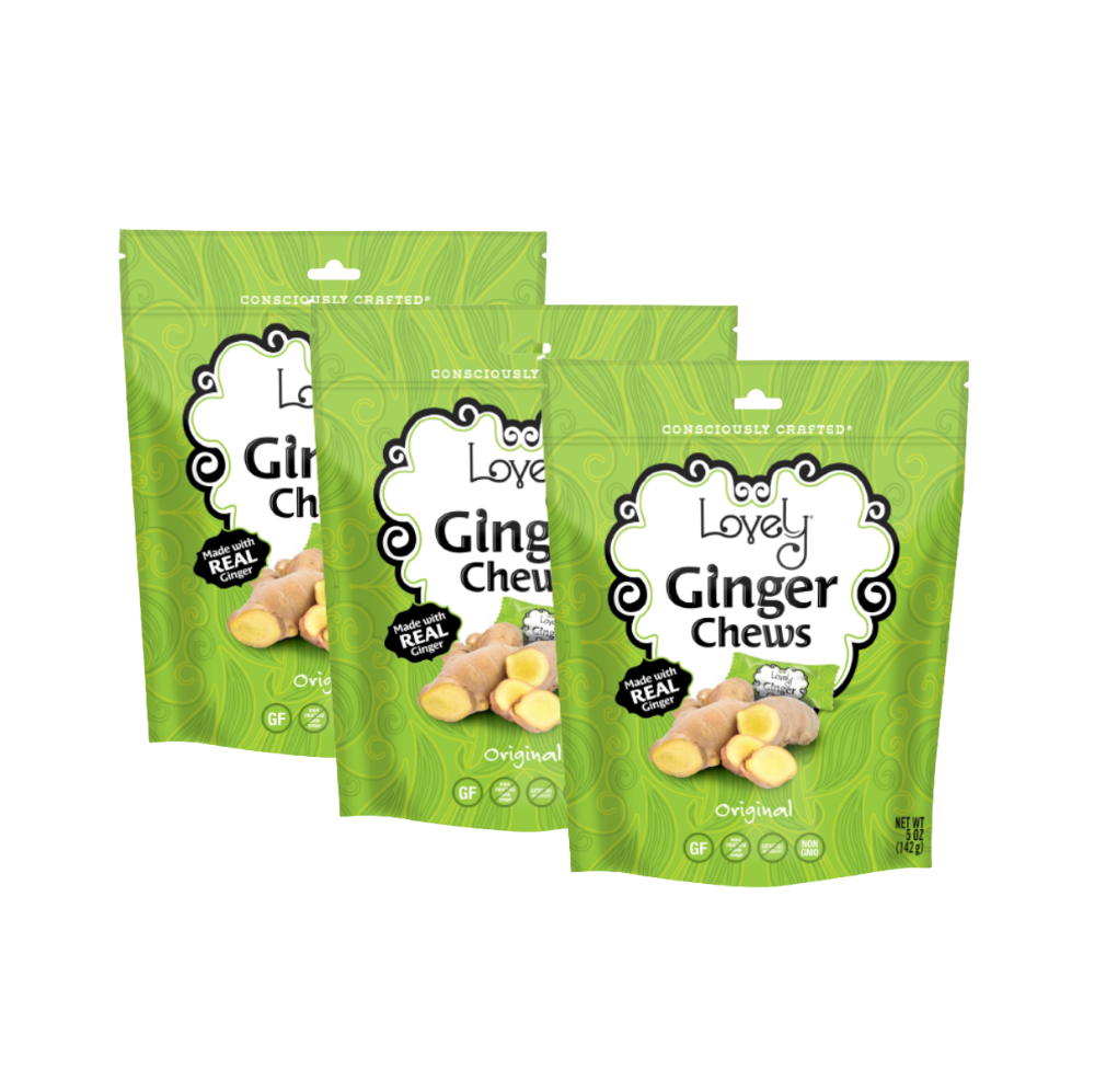 Three Lovely Candy Company Ginger Chews with soft, chewy texture and candied ginger pieces in clear packaging.