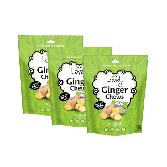 Three Lovely Candy Company Ginger Chews with soft, chewy texture and candied ginger pieces in clear packaging.