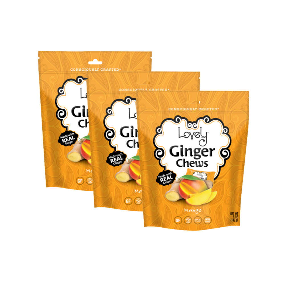 Sweet Mango Ginger Chews by Lovely Candy Company, with vibrant chewy ginger candies featuring fruity mango flavor.