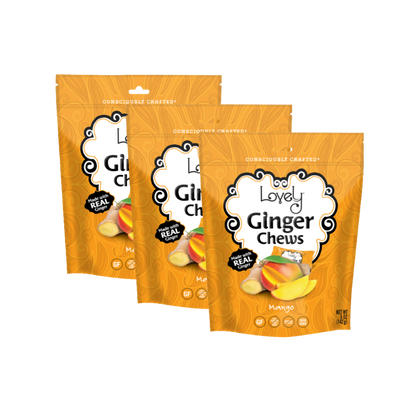 Sweet Mango Ginger Chews by Lovely Candy Company, with vibrant chewy ginger candies featuring fruity mango flavor.
