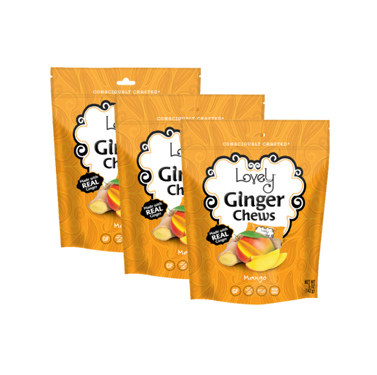 Sweet Mango Ginger Chews by Lovely Candy Company, with vibrant chewy ginger candies featuring fruity mango flavor.