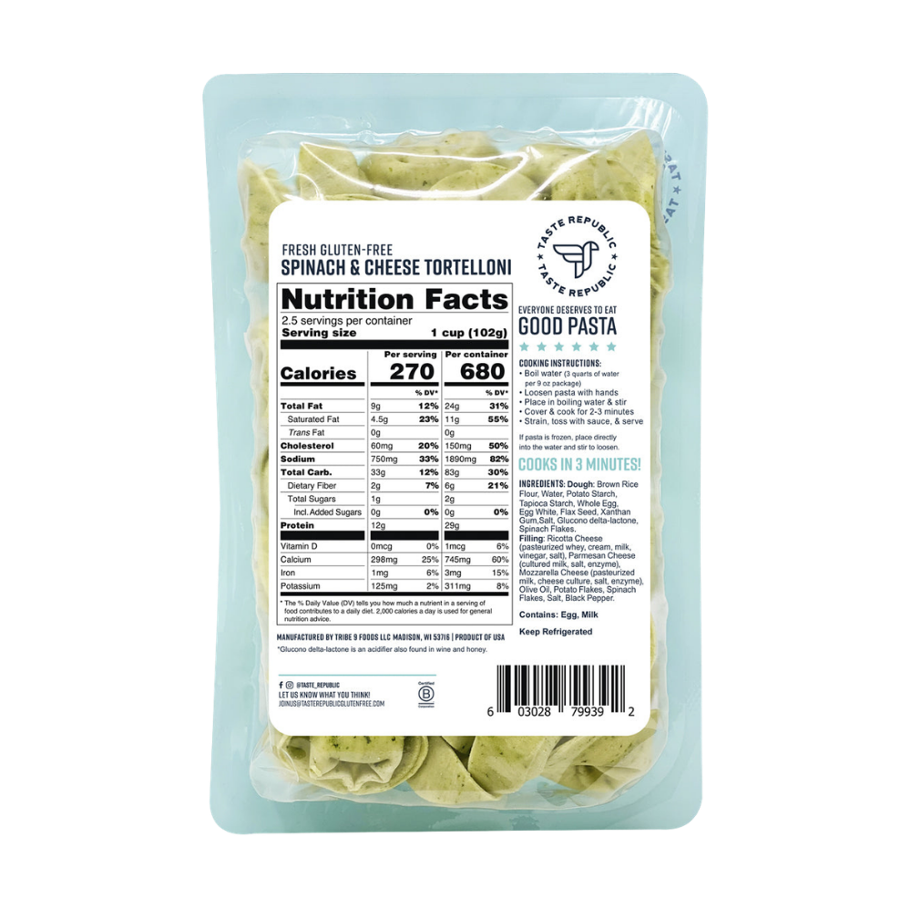 Taste Republic gluten-free spinach and cheese tortelloni pasta in a 6-pack, with fresh green spinach and creamy cheese filling visible.