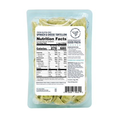 Taste Republic gluten-free spinach and cheese tortelloni pasta in a 6-pack, with fresh green spinach and creamy cheese filling visible.