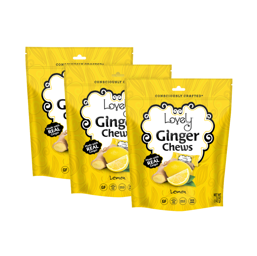 Three Lovely Candy Company Lemon Ginger Chews in a clear wrapper, showcasing the chewy ginger and lemon flavor.