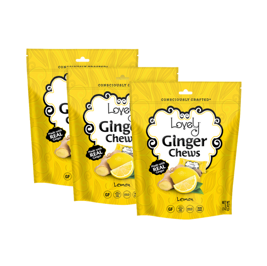 Three Lovely Candy Company Lemon Ginger Chews in a clear wrapper, showcasing the chewy ginger and lemon flavor.