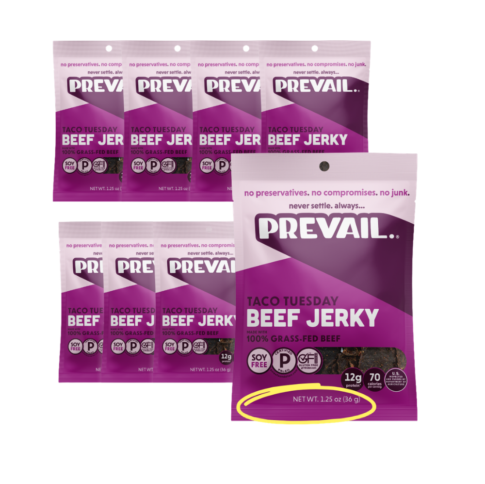 PREVAIL Jerky Taco Tuesday beef jerky single-serve pack, 1.25 oz, displayed in an 8-pack, with visible beef jerky pieces and packaging.