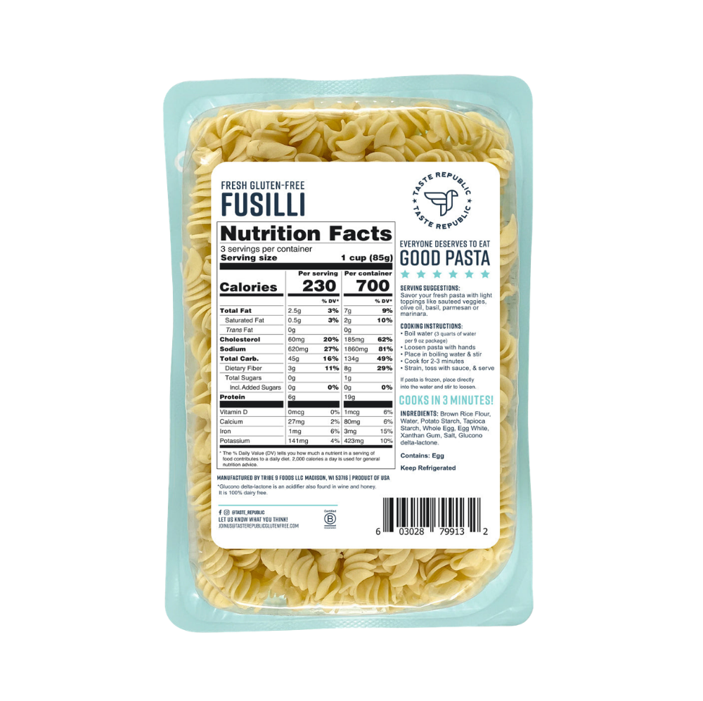 Taste Republic gluten-free fusilli pasta in a 6-pack, showcasing the coiled gluten-free pasta ready for cooking.