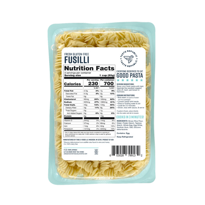 Taste Republic gluten-free fusilli pasta in a 6-pack, showcasing the coiled gluten-free pasta ready for cooking.