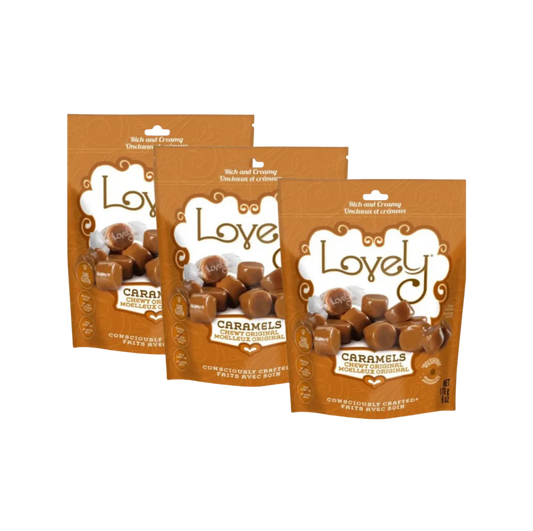 Assorted Lovely Candy Original Caramels displayed in a clear bowl, showcasing smooth, golden-brown caramel pieces.