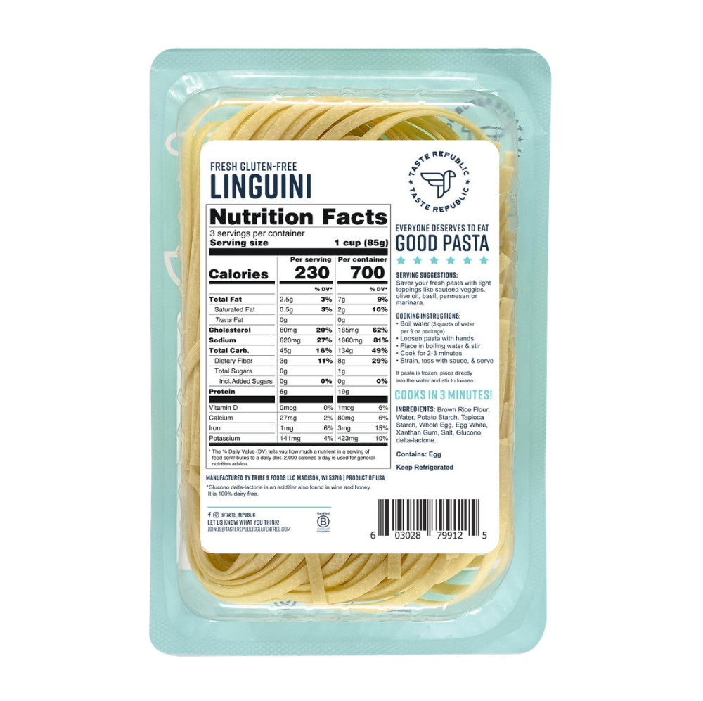 Taste Republic gluten-free linguini pasta in a 6-pack, showcasing fresh, uncooked noodles with a light golden color.