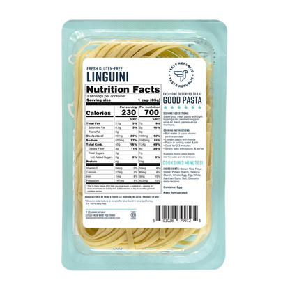 Taste Republic gluten-free linguini pasta in a 6-pack, showcasing fresh, uncooked noodles with a light golden color.