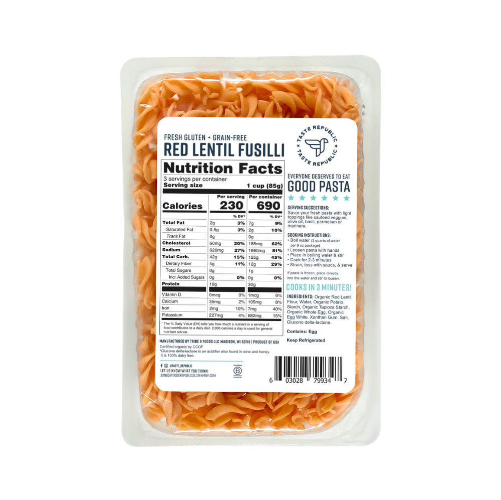 Taste Republic gluten-free red lentil fusilli pasta in a 6-pack, organic, grain-free, with a close-up of the cooked pasta.