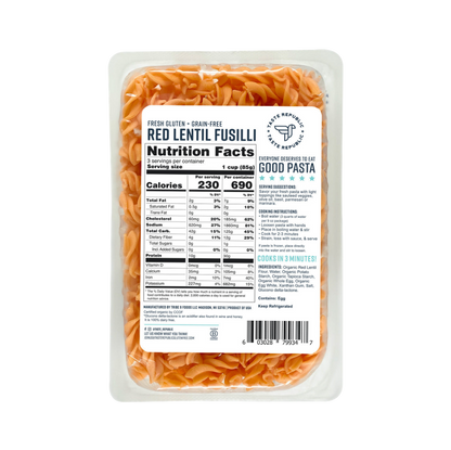 Taste Republic gluten-free red lentil fusilli pasta in a 6-pack, organic, grain-free, with a close-up of the cooked pasta.