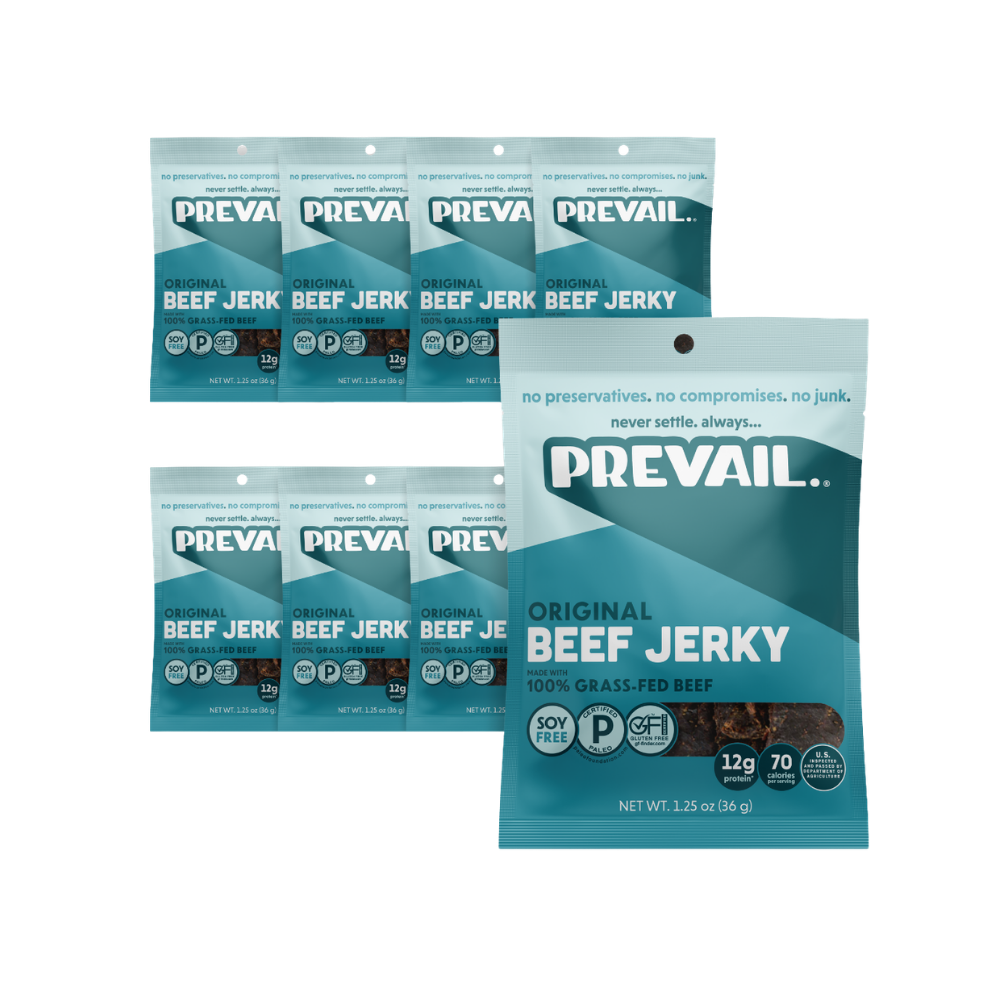 PREVAIL Jerky Original Beef Jerky single serve pack with eight pieces, showing beef jerky slices in clear packaging.