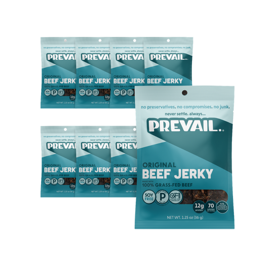 PREVAIL Jerky Original Beef Jerky single serve pack with eight pieces, showing beef jerky slices in clear packaging.