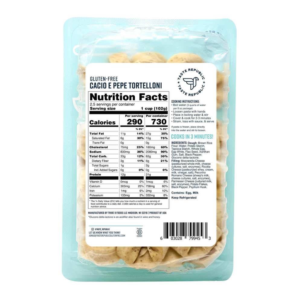 Taste Republic gluten-free Cacio e Pepe tortelloni pasta in a 6-pack, ready for cooking and serving.