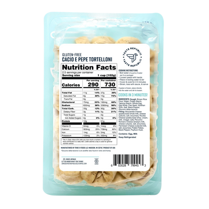 Taste Republic gluten-free Cacio e Pepe tortelloni pasta in a 6-pack, ready for cooking and serving.