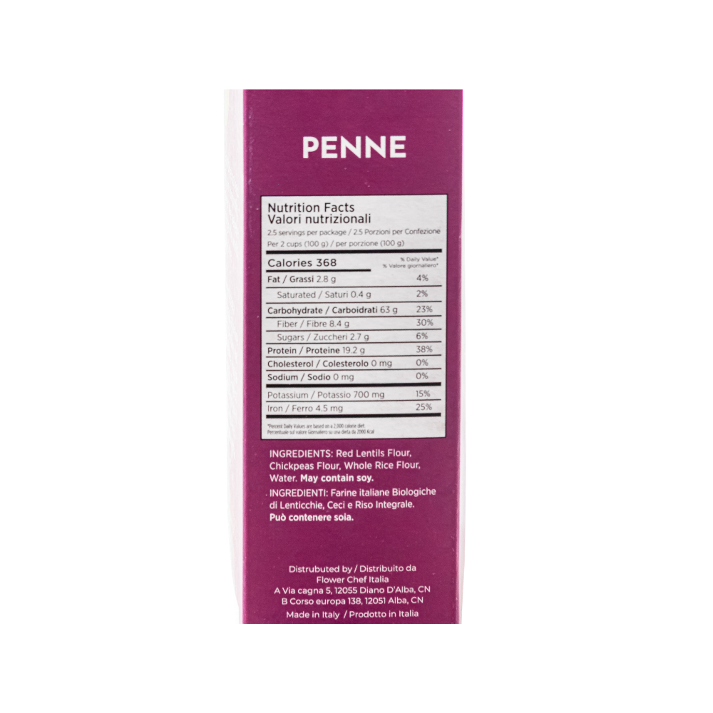 Three packs of Flower Chef Foods high protein penne pasta with ridged, tube-shaped noodles for versatile cooking.