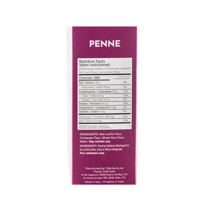 Three packs of Flower Chef Foods high protein penne pasta with ridged, tube-shaped noodles for versatile cooking.