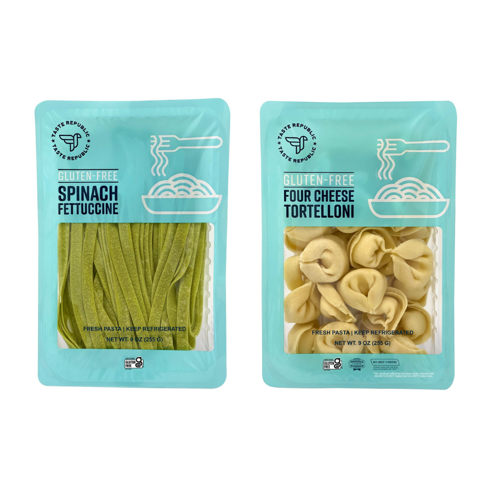 Taste Republic gluten-free pasta variety pack with six different pasta types, displayed in a clear, colorful packaging.