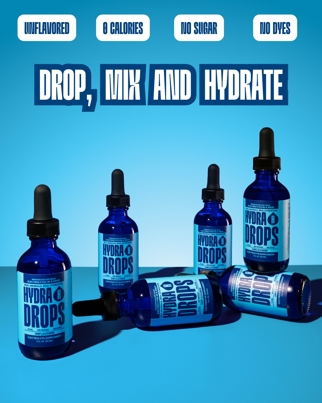 Hydra Hydration Hydra Drops sea mineral electrolyte drops in a clear bottle with dropper, designed for hydration and mineral replenishment.