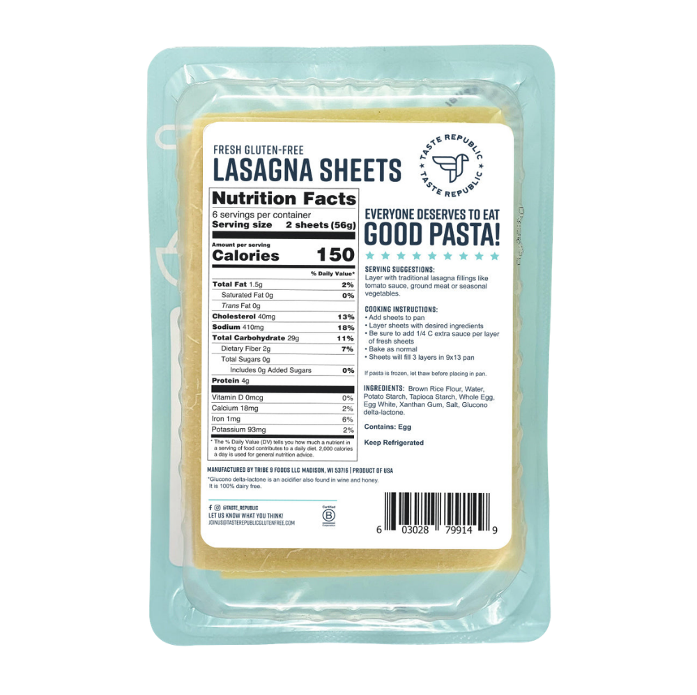 Taste Republic gluten-free lasagna sheets, fresh pasta in a 6-pack, thin and ready for layering in homemade lasagna.