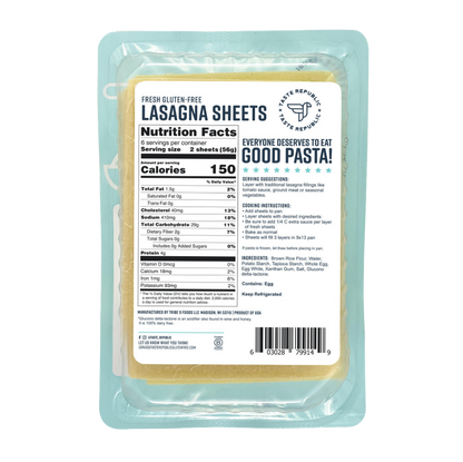 Taste Republic gluten-free lasagna sheets, fresh pasta in a 6-pack, thin and ready for layering in homemade lasagna.