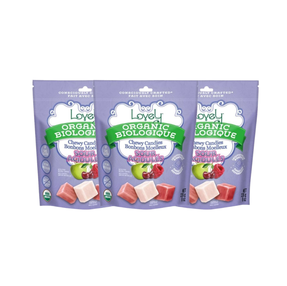 Colorful organic sour chewy candies from Lovely Candy Company, showcasing vibrant candies in a clear bag.
