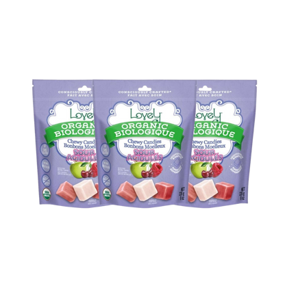 Colorful organic sour chewy candies from Lovely Candy Company, showcasing vibrant candies in a clear bag.