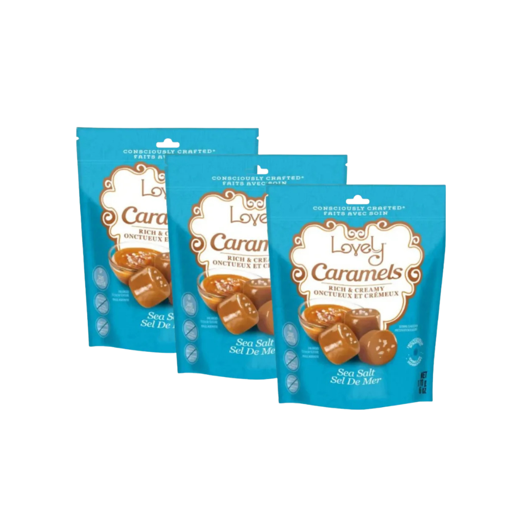 Three Lovely Candy Company sea salt caramel candies with smooth caramel and a sprinkle of sea salt on top.