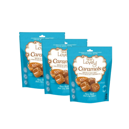 Three Lovely Candy Company sea salt caramel candies with smooth caramel and a sprinkle of sea salt on top.