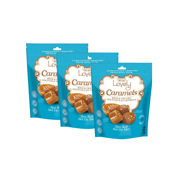 Three Lovely Candy Company sea salt caramel candies with smooth caramel and a sprinkle of sea salt on top.