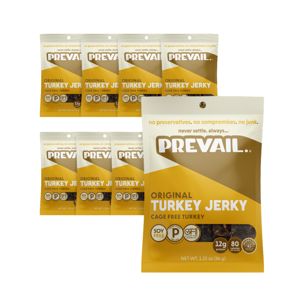 PREVAIL Jerky Original Turkey Jerky single-serve pack with 8 pieces, featuring lean turkey meat in a convenient snack package.
