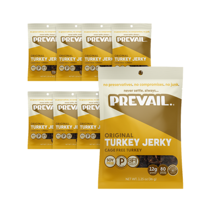 PREVAIL Jerky Original Turkey Jerky single-serve pack with 8 pieces, featuring lean turkey meat in a convenient snack package.