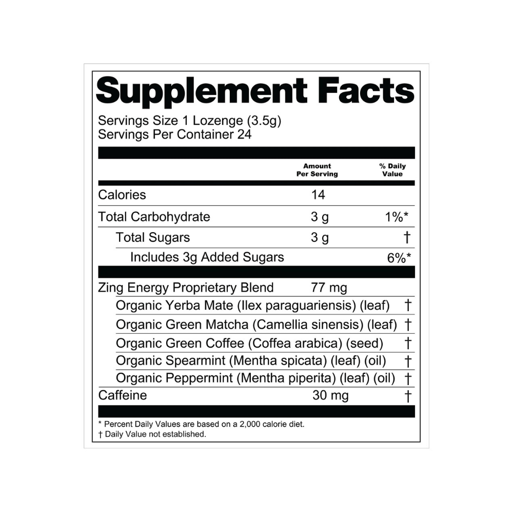 Essential Candy Zing Energy botanical lozenges in a clear container, showing the herbal supplement tablets inside.