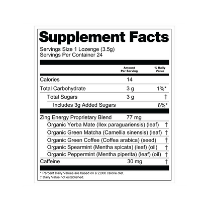 Essential Candy Zing Energy botanical lozenges in a clear container, showing the herbal supplement tablets inside.