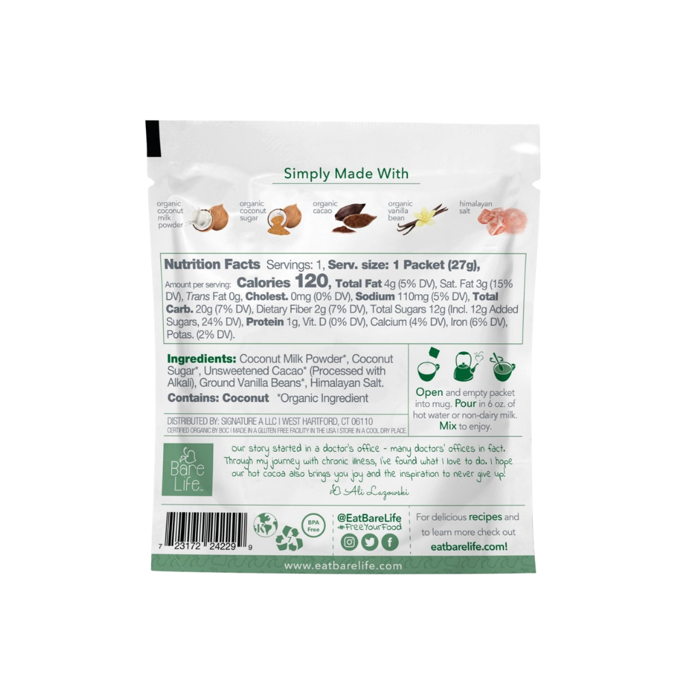 Bare Life dairy-free coconut hot cocoa mix 20-pack, showing individual cocoa powder packets with coconut flavor branding.