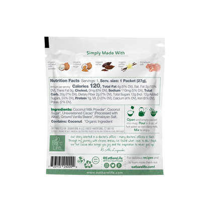Bare Life dairy-free coconut hot cocoa mix 20-pack, showing individual cocoa powder packets with coconut flavor branding.
