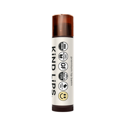 Set of five organic Kind Lips lip balms in colorful tubes, showcasing variety pack with different flavors and natural ingredients.